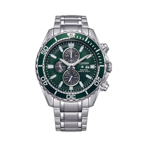 Citizen Promaster Marine Eco-Drive chronograph with a 45mm stainless steel case, green dial, and matching dive bezel.