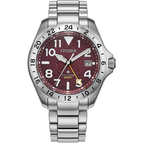 The Watch Boutique Citizen Promaster Land GMT Eco-Drive Men's Stainless Steel Red Dial Watch