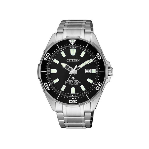 Citizen Promaster Marine 43.5mm Super Titanium diver watch with a black dial and durable stainless steel bracelet.