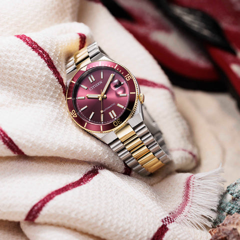 The Watch Boutique Citizen TSUYOSA Shore Automatic Two-Tone Maroon Watch