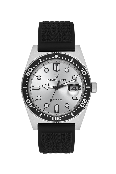 Daniel Klein Men’s Diver-Inspired Silver Dial Watch with Black Silicone Strap