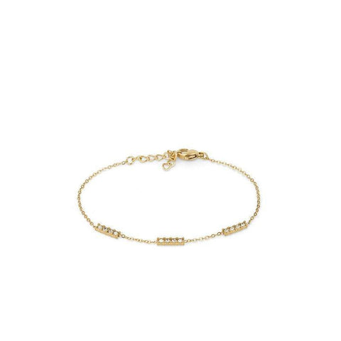 Elegant Daniel Klein gold-tone chain bracelet featuring three delicate, crystal-encrusted bar charms.