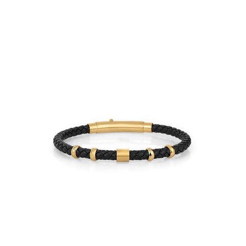 Daniel Klein men's braided black leather bracelet featuring polished gold-tone metal accents and a secure clasp.