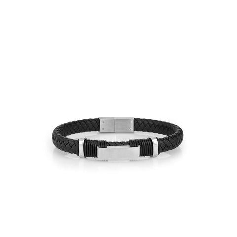 Daniel Klein men's black braided leather bracelet featuring a sleek silver-tone stainless steel clasp and modern accents.