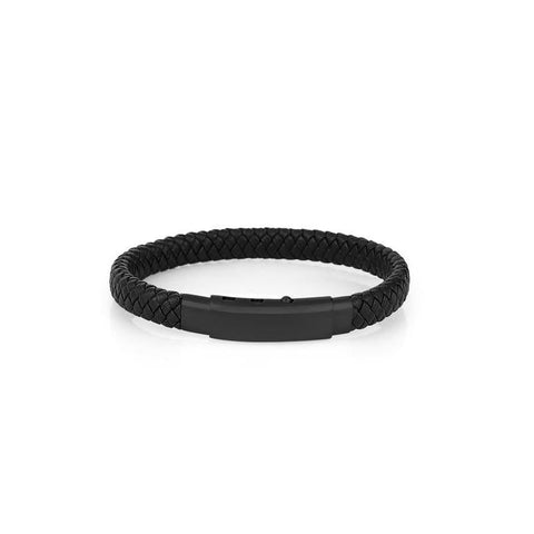 Daniel Klein men's black braided leather bracelet featuring a sleek, matte black stainless steel magnetic clasp.