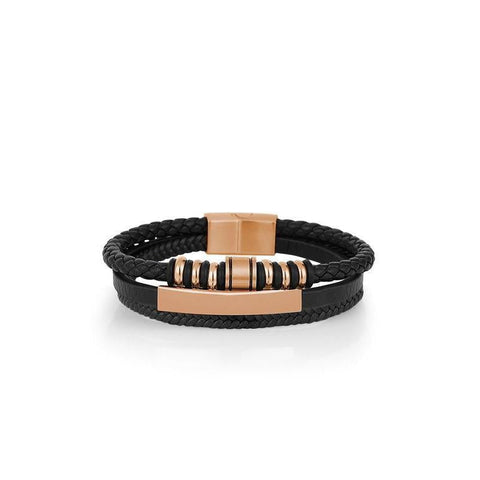 Daniel Klein men's black braided leather bracelet featuring a stylish rose gold metal plate and matching clasp accents.