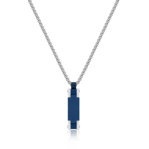 Daniel Klein men's necklace featuring a sleek blue and silver rectangular pendant on a durable silver chain.