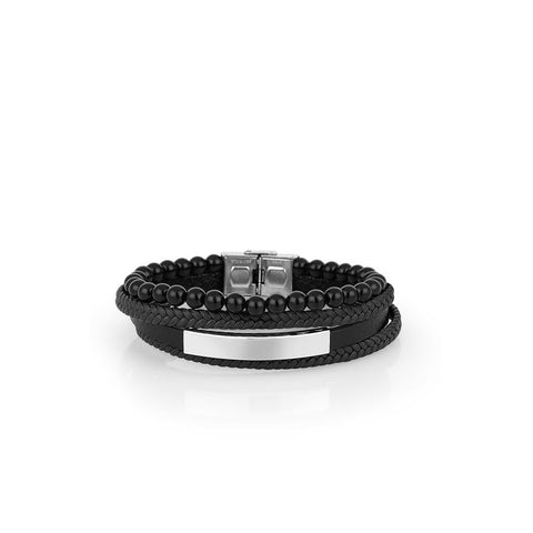Daniel Klein men's multi-strand bracelet featuring black beads, braided leather, and a polished silver-tone metal ID plate.