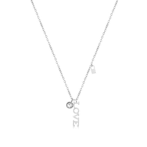 Elegant Daniel Klein silver necklace featuring a delicate chain with a sparkling crystal charm and a vertical LOVE pendant.