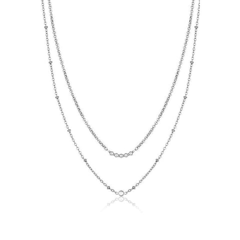 Elegant Daniel Klein double-layer silver necklace featuring delicate beaded accents and a central solitaire charm.