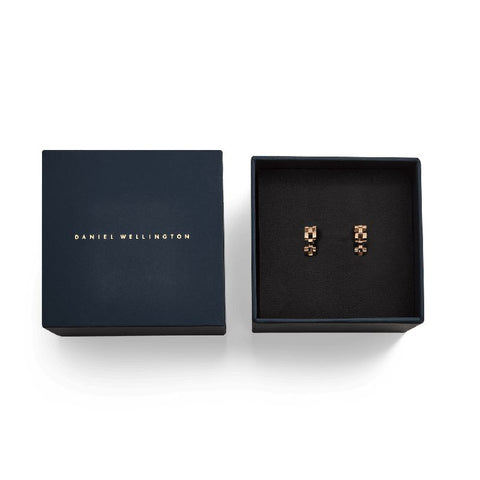 Elegant 13.6mm rose gold 3-link earrings by Daniel Wellington, crafted from PVD plated stainless steel in a gift box.