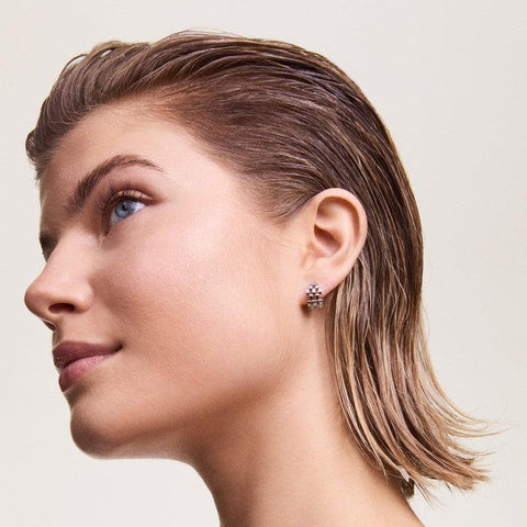 Elegant Daniel Wellington 5-link silver stainless steel hoop earrings worn by a woman, 13.6mm length.