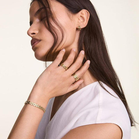 Elegant Daniel Wellington 5-link gold ring crafted from PVD-plated stainless steel, worn on a model's hand for a chic look.