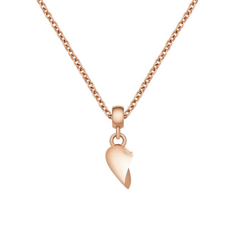 Elegant rose gold broken heart charm necklace crafted from durable PVD plated stainless steel on a delicate chain.