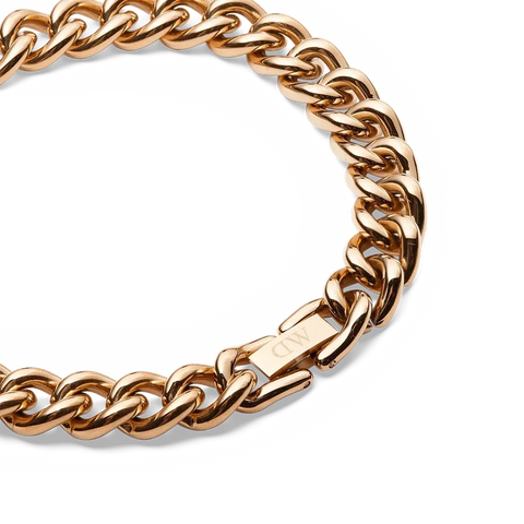 Daniel Wellington chunky chain bracelet in polished rose gold stainless steel with a secure fold-over clasp.