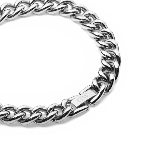Daniel Wellington silver chunky chain bracelet in polished stainless steel with a secure fold-over clasp.