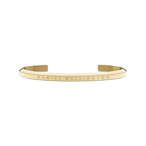 Minimalist Daniel Wellington gold stainless steel cuff bracelet, size 155mm, featuring an elegant engraved logo.