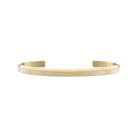 Adjustable gold stainless steel Classic Lumine cuff bracelet featuring six sparkling crystals and engraved DW logo.