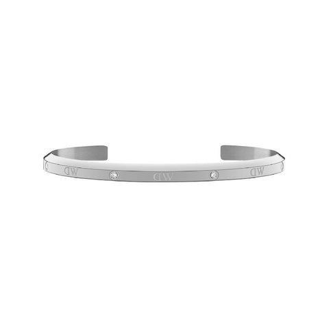 Adjustable silver stainless steel Classic Lumine cuff bracelet featuring six sparkling crystals and engraved branding.