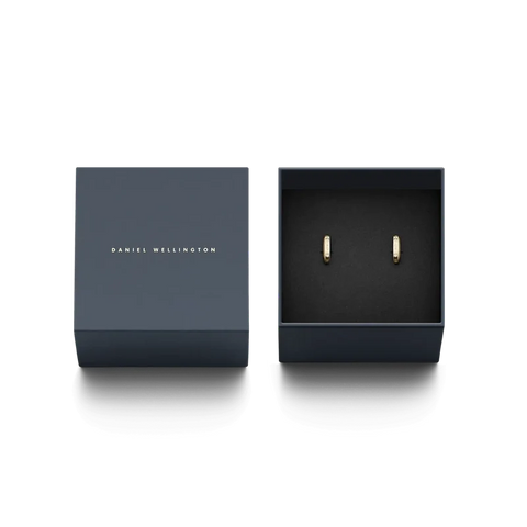 Daniel Wellington Classic Lumine gold hoop earrings with premium crystals in a branded gift box.