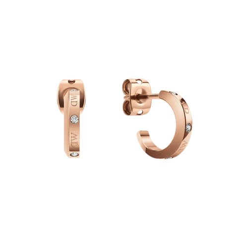 Rose gold Classic Lumine hoop earrings featuring DW logotype etchings and shimmering premium crystals.