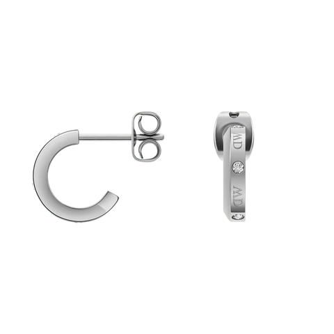 Daniel Wellington Classic Lumine silver hoop earrings featuring premium crystals and refined logotype etchings.