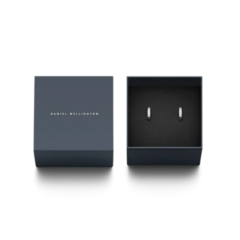Silver Daniel Wellington Classic Lumine hoop earrings with premium crystals in a branded gift box.