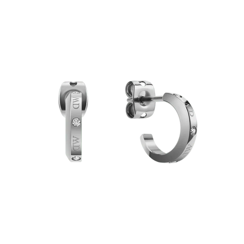 Daniel Wellington Classic Lumine silver hoop earrings in stainless steel with premium crystals and logo etchings.