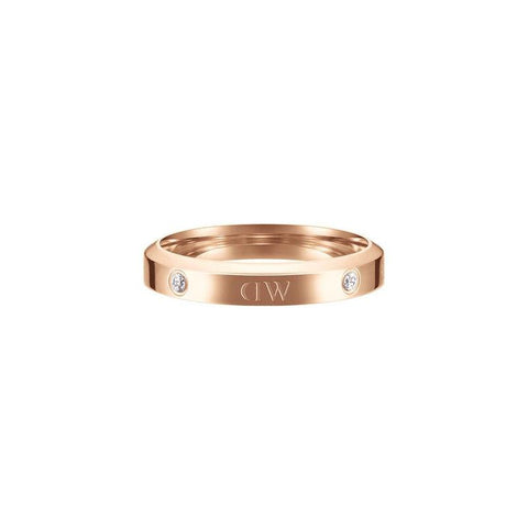 Daniel Wellington Classic Lumine rose gold stainless steel ring featuring sparkling crystal stones and logo etchings.