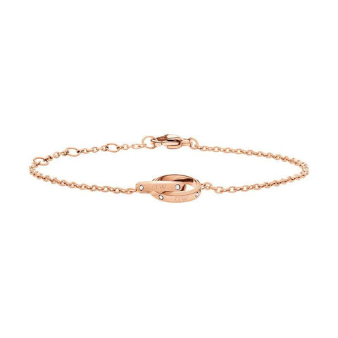 Rose gold Daniel Wellington Classic Lumine Unity bracelet featuring intertwined rings with delicate crystals and logo etching.