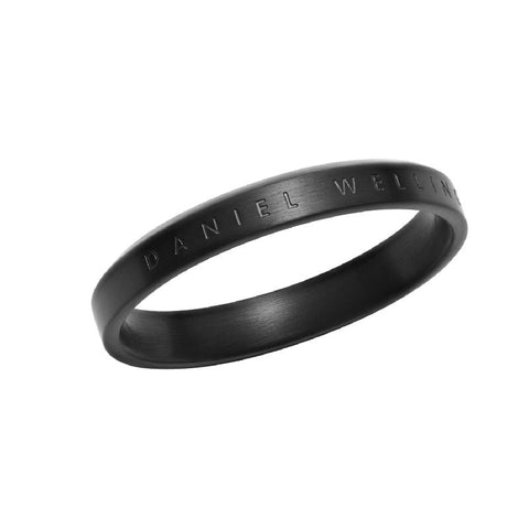 Elegant matte black stainless steel Daniel Wellington Classic Ring with engraved logo detailing.