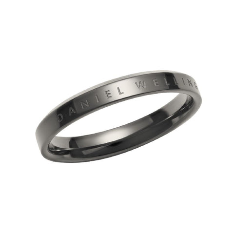 Daniel Wellington Classic Ring in sleek graphite stainless steel with elegant engraved branding for a minimalist look.