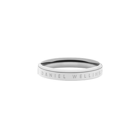 Elegant Daniel Wellington Classic Ring in polished silver-tone stainless steel with engraved logo detail.