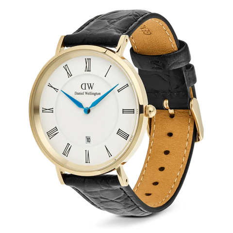 The Watch Boutique Daniel Wellington Classic Roman Numerals Date Black Croc Belly Gold