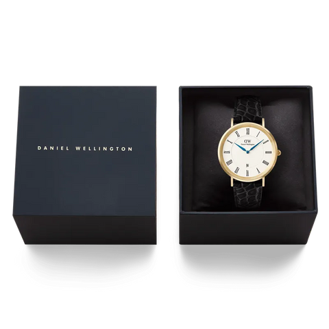 The Watch Boutique Daniel Wellington Classic Roman Numerals Date Black Croc Belly Gold