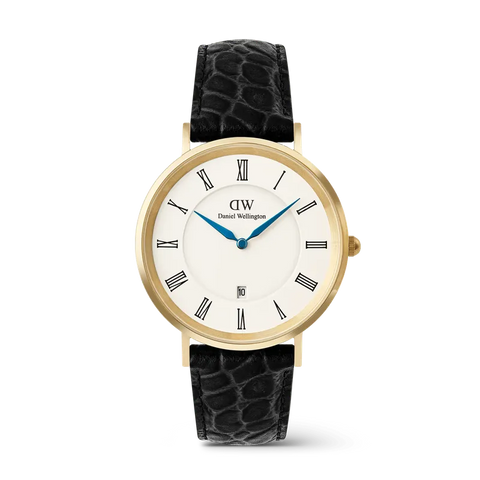 The Watch Boutique Daniel Wellington Classic Roman Numerals Date Black Croc Belly Gold