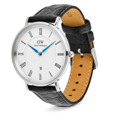 The Watch Boutique Daniel Wellington Classic Roman Numerals Date Black Croc Belly Silver