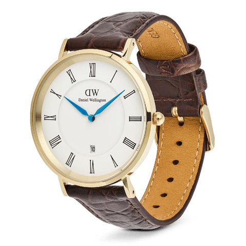 The Watch Boutique Daniel Wellington Classic Roman Numerals Date Dark Brown Croc Belly Gold Men's Watch