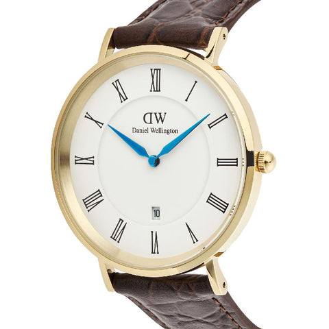 The Watch Boutique Daniel Wellington Classic Roman Numerals Date Dark Brown Croc Belly Gold Men's Watch
