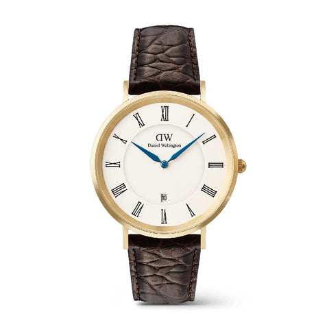 The Watch Boutique Daniel Wellington Classic Roman Numerals Date Dark Brown Croc Belly Gold Men's Watch