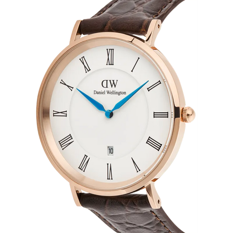 The Watch Boutique Daniel Wellington Classic Roman Numerals Date Dark Brown Croc Belly Rose Gold