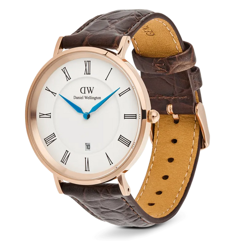 The Watch Boutique Daniel Wellington Classic Roman Numerals Date Dark Brown Croc Belly Rose Gold