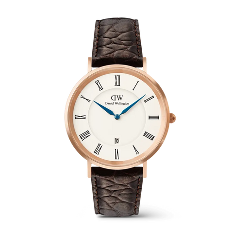 The Watch Boutique Daniel Wellington Classic Roman Numerals Date Dark Brown Croc Belly Rose Gold
