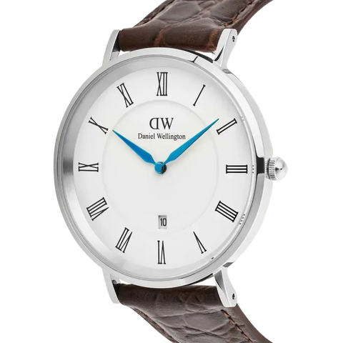 The Watch Boutique Daniel Wellington Classic Roman Numerals Date Dark Brown Croc Belly Silver