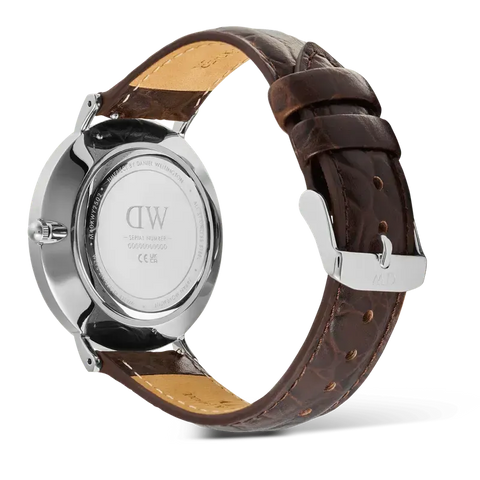 The Watch Boutique Daniel Wellington Classic Roman Numerals Date Dark Brown Croc Belly Silver