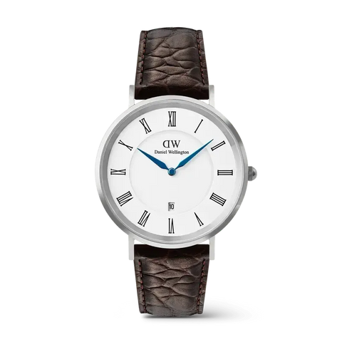 The Watch Boutique Daniel Wellington Classic Roman Numerals Date Dark Brown Croc Belly Silver