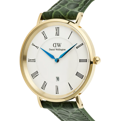 The Watch Boutique Daniel Wellington Classic Roman Numerals Date Dark Green Croc Belly Gold