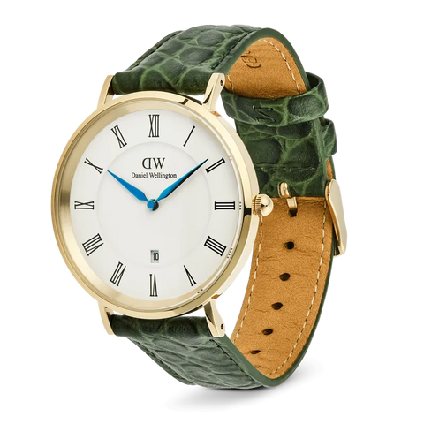 The Watch Boutique Daniel Wellington Classic Roman Numerals Date Dark Green Croc Belly Gold