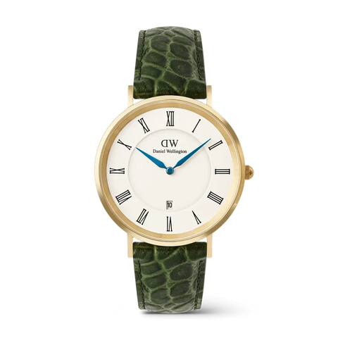 The Watch Boutique Daniel Wellington Classic Roman Numerals Date Dark Green Croc Belly Gold