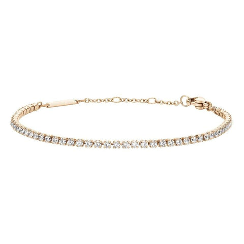 Elegant rose gold tennis bracelet featuring shimmering crystals set in durable 316L stainless steel with adjustable sizing.